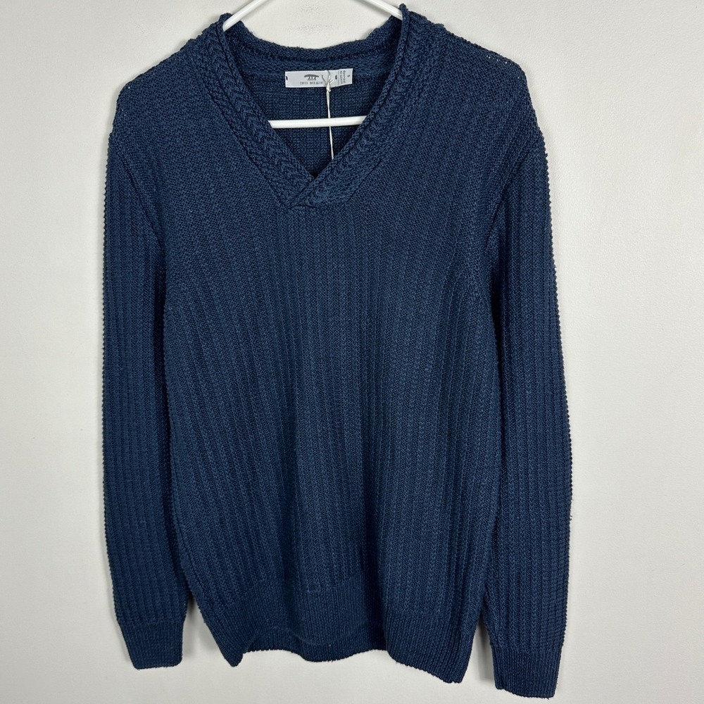 Inis Meain 90% Linen 10% Silk Blue Chevron Cable Knit Sweater Men Size Small NEW - Picture 15 of 16